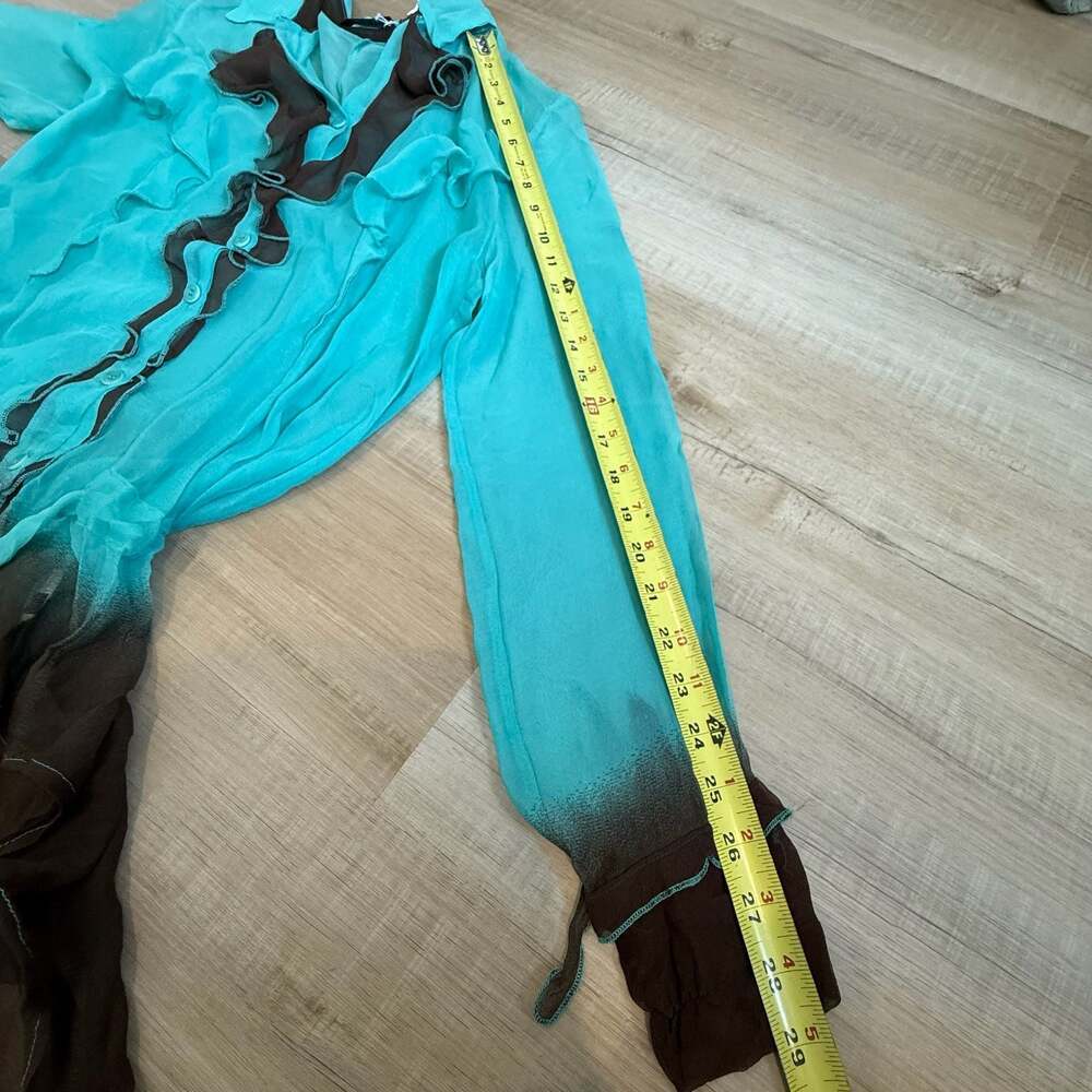 Vintage Silk Sonia Fortuna Turquoise Brown Ombre Ruffle Tunic Blouse Size Small - Picture 4 of 6